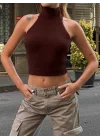 MetuCa Kadın Kahverengi Balıkçı Halter Yaka Sırtı Açık Yumuşak Dokulu Tüylü Triko Büstiyer Bluz