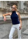 MetuCa Kadın Lacivert Balıkçı Halter Yaka Sırtı Açık Yumuşak Dokulu Tüylü Triko Büstiyer Bluz