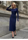 MetuCa Kadın Lacivert Bisiklet Yaka Parmak Geçmeli Uzun Kollu Sandy Kumaş Midi İçlik Elbise
