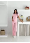 MetuCa Kadın Pembe Yanı Beyaz Şeritli Yüksek Bel Pamuklu Crop Geniş Paça Eşofman Altı İkili Takım