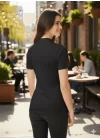 MetuCa Kadın Siyah Balıkçı Yaka Likralı Pamuklu Vücudu Saran Basic Fit Tişört Bluz