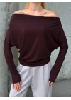 MetuCa Kadın Kahverengi Düşük Omuz Kayık Yaka Drapeli Uzun Kollu Vücudu Saran Bluz