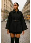 MetuCa Kadın Siyah Gömlek Yaka Düğmeli Kemerli Oversize Kaşe Kumaş Pelerin Panço Ceket Kaban