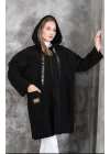 MetuCa Kadın Siyah Kapüşonlu Fermuarlı Cepli Oversize Buklet Kaban Mont Hırka