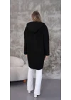 MetuCa Kadın Siyah Kapüşonlu Fermuarlı Cepli Oversize Buklet Kaban Mont Hırka