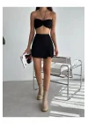 Kadın Siyah Yüksek Bel Yandan Yırtmaçlı İnterlook Kumaş Mini Şort Etek