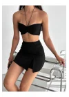 Kadın Siyah Yüksek Bel Yandan Yırtmaçlı İnterlook Kumaş Mini Şort Etek