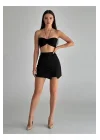 Kadın Siyah Yüksek Bel Yandan Yırtmaçlı İnterlook Kumaş Mini Şort Etek