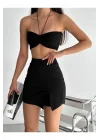 Kadın Siyah Yüksek Bel Yandan Yırtmaçlı İnterlook Kumaş Mini Şort Etek