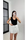 MetuCa Pileli İçi Şortlu Skort – Lastik Bel, Bağcıklı (Beyaz)