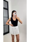 MetuCa Pileli İçi Şortlu Skort – Lastik Bel, Bağcıklı (Beyaz)