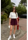 MetuCa Pileli İçi Şortlu Skort – Lastik Bel, Bağcıklı (Bordo)