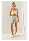 MetuCa Pileli İçi Şortlu Skort – Lastik Bel, Bağcıklı (Taş Rengi)
