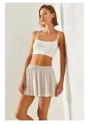 MetuCa Pileli İçi Şortlu Skort – Lastik Bel, Bağcıklı (Taş Rengi)