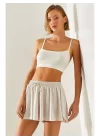 MetuCa Pileli İçi Şortlu Skort – Lastik Bel, Bağcıklı (Taş Rengi)