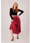 Midi Boy Pileli Saten Bordo Etek