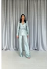 Mavi Beli Kuşaklı Ceket Ve Pantolon Parlak Takım