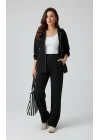MetuCa Kadın Siyah Takım Kapüşonlu Fermuarlı Ceket ve Önü Çizgili Palazzo Pantolon