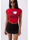 Nakış Detay Baskılı Crop T-Shirt