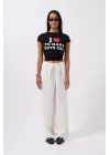 Nakış Detay Baskılı Crop T-Shirt