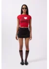 Nakış Detay Baskılı Crop T-Shirt