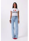Nakış Detay Baskılı Crop T-Shirt