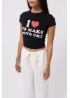 Nakış Detay Baskılı Crop T-Shirt