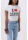 Nakış Detay Baskılı Crop T-Shirt