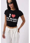 Nakış Detay Baskılı Crop T-Shirt