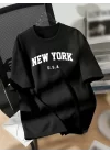New York Baskılı Oversize Bisiklet Yaka T-shirt - Siyah
