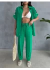 OMUZ MİDYE SIRALI BLUZ - PAÇA PENSLİ PANTOLON TAKIM - Yeşil
