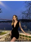 Omuzu Ip Askılı Şortlu Elbise - Siyah
