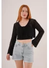 Ön Bağlamalı Ajurlu Crop Siyah Hırka