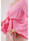 Ön Bağlamalı Volan Kol Pembe Bluz