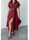 ÖNDEN DÜĞMELİ CRUSHLI MODAL ELBİSE - Bordo