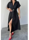 ÖNDEN DÜĞMELİ CRUSHLI MODAL ELBİSE - Siyah