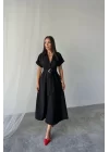 ÖNDEN DÜĞMELİ CRUSHLI MODAL ELBİSE - Siyah