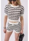 Örgü Detay Çizgili Crop Bluz