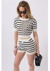 Örgü Detay Çizgili Crop Bluz