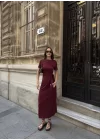 Osy Modal Yumuşak Dokulu Kumaş Bisiklet Yaka Kısa Kollu Kuşaklı Uzun Elbise - Bordo