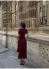 Osy Modal Yumuşak Dokulu Kumaş Bisiklet Yaka Kısa Kollu Kuşaklı Uzun Elbise - Bordo