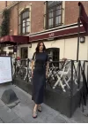 Osy Modal Yumuşak Dokulu Kumaş Bisiklet Yaka Kısa Kollu Kuşaklı Uzun Elbise - Füme