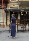 Osy Modal Yumuşak Dokulu Kumaş Bisiklet Yaka Kısa Kollu Kuşaklı Uzun Elbise - Mavi