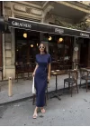 Osy Modal Yumuşak Dokulu Kumaş Bisiklet Yaka Kısa Kollu Kuşaklı Uzun Elbise - Mavi