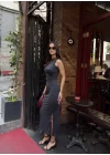 Osy Modal Yumuşak Dokulu Kumaş Bisiklet Yaka Sıfır Kolsuz Yırtmaçlı Uzun Elbise - Füme