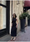 Osy Modal Yumuşak Dokulu Kumaş Bisiklet Yaka Sıfır Kolsuz Yırtmaçlı Uzun Elbise - Siyah