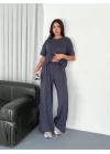 Osy Modal Yumuşak Dokulu Kumaş Bisiklet Yaka T-shirt Bol Paça Pantalon Ikili Takım -Antrasit