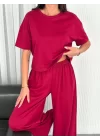 Osy Modal Yumuşak Dokulu Kumaş Bisiklet Yaka T-shirt Bol Paça Pantalon Ikili Takım -Bordo