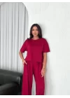 Osy Modal Yumuşak Dokulu Kumaş Bisiklet Yaka T-shirt Bol Paça Pantalon Ikili Takım -Bordo