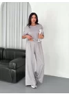 Osy Modal Yumuşak Dokulu Kumaş Bisiklet Yaka T-shirt  Bol Paça Pantalon Ikili Takım - Boyalı Gri